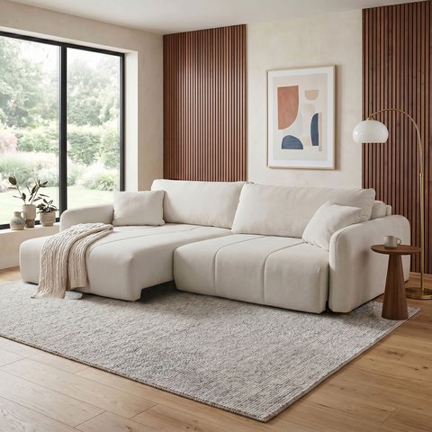 Sofá Retrátil e Reclinável 246cm com Almofadas Decorativas Eros Yescasa Bege Claro