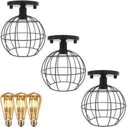 3 Lustre Teto Plafon + 3 Lâmpada Led St64 Industrial Aramado Globo Retrô Luminária Vintage - Preto - 1