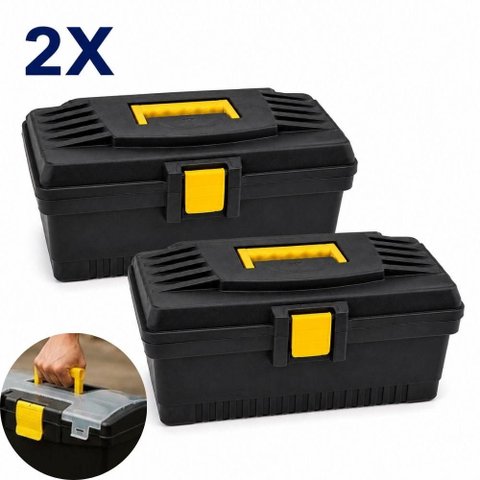 Kit 2 Caixa de Ferramentas Black Multiuso Maleta Bandeja Removivel Grande Pesca Eletricista Artesana