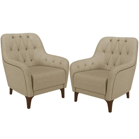 Kit 02 Poltronas Sala De Estar Com Tachas Base Fixa Blenda M03 Linho Bege Escuro - Lyam Decor