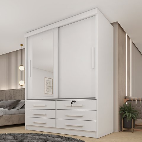 Guarda Roupa Solteiro com Espelho 2 Portas 6 Gavetas 133cm Chicago Branco/Neve