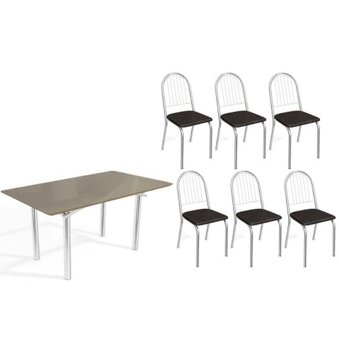 Conjunto: Mesa Sala Jantar Elba Tampo Madeirado C/ Vidro 160cm e 6 Cadeiras Noruega Cromada/freijo