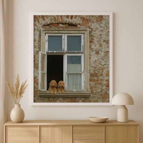 Quadro Decoração Rústica Cães Cocker na Janela 45x34cm - com Vidro:moldura Branca