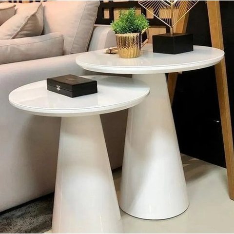 Conjunto Mesas Lateral Apoio Cone Base Tampo Laca Branco