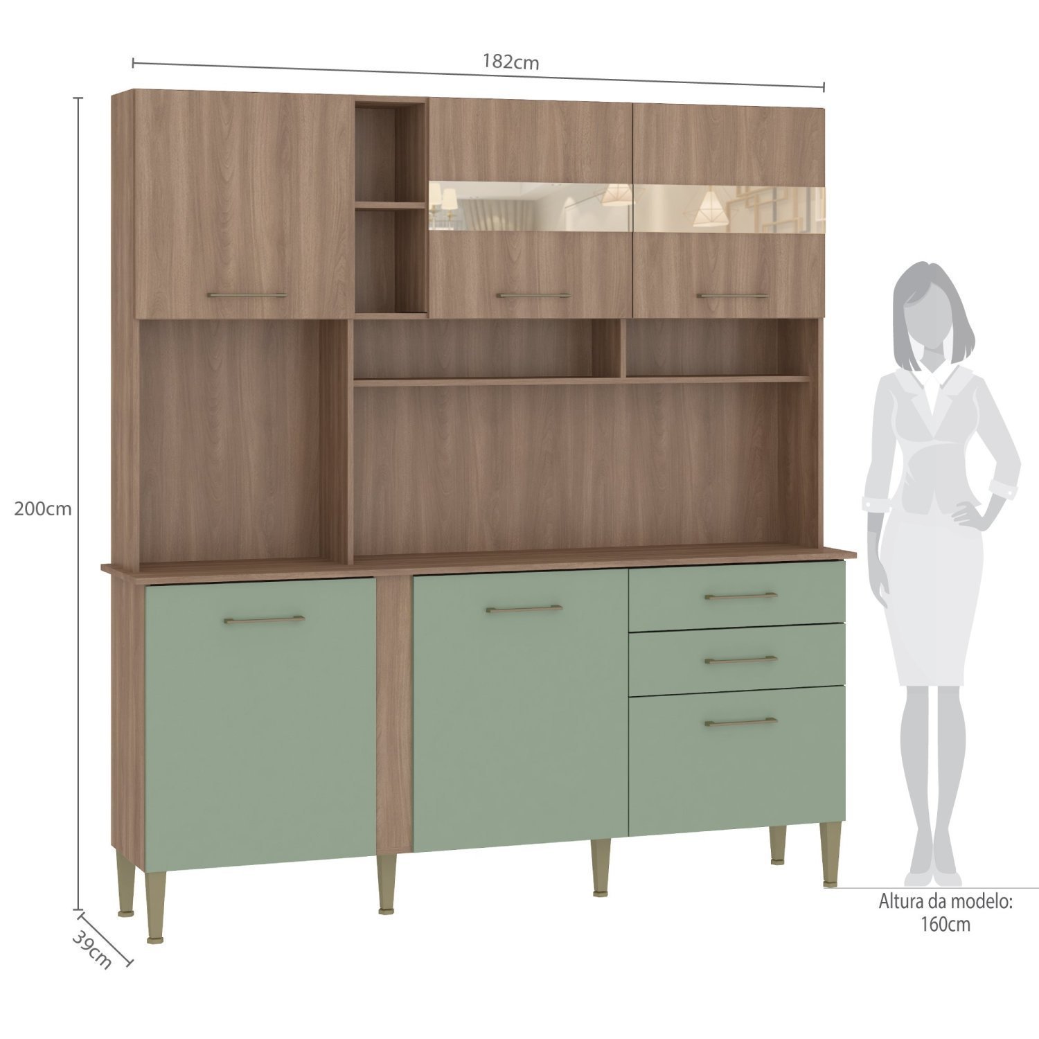 Cozinha Compacta 182cm com Espelho 6 Portas 2 Gavetas Nicole