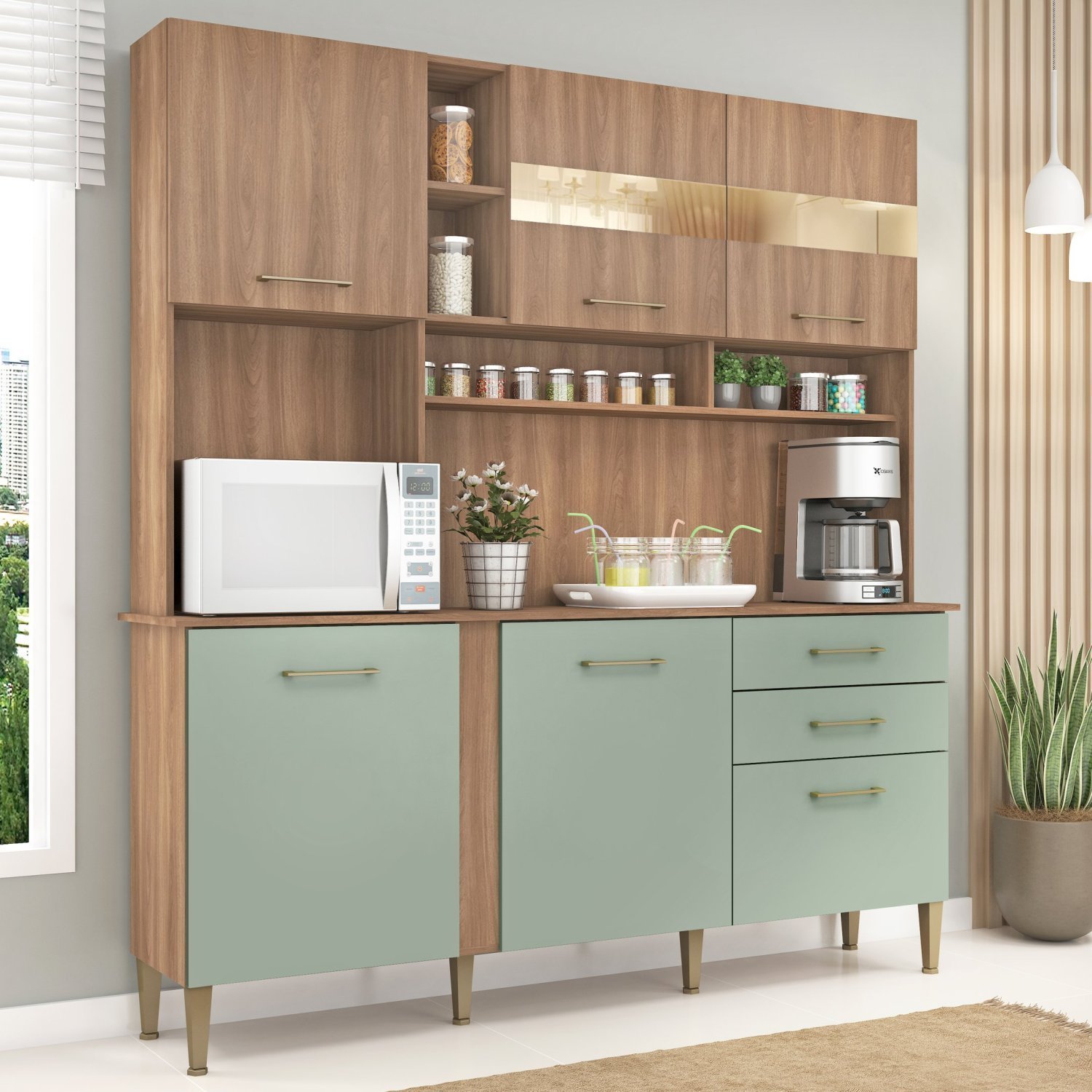 Cozinha Compacta 182cm com Espelho 6 Portas 2 Gavetas Nicole
