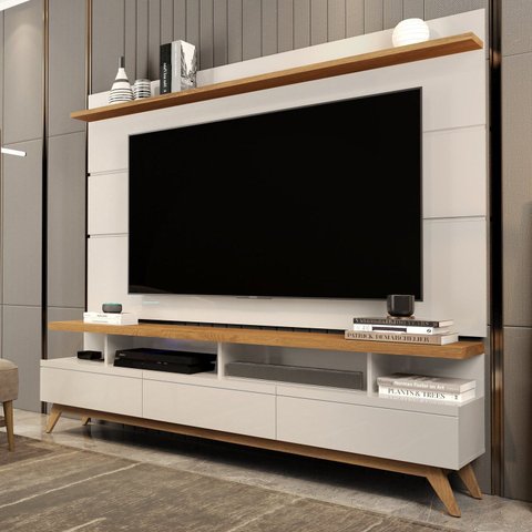 Rack com Painel para TV até 72 Polegadas MDF 180cmx195cm Pés em Madeira Maciça Vivare Bege Off White/Nature