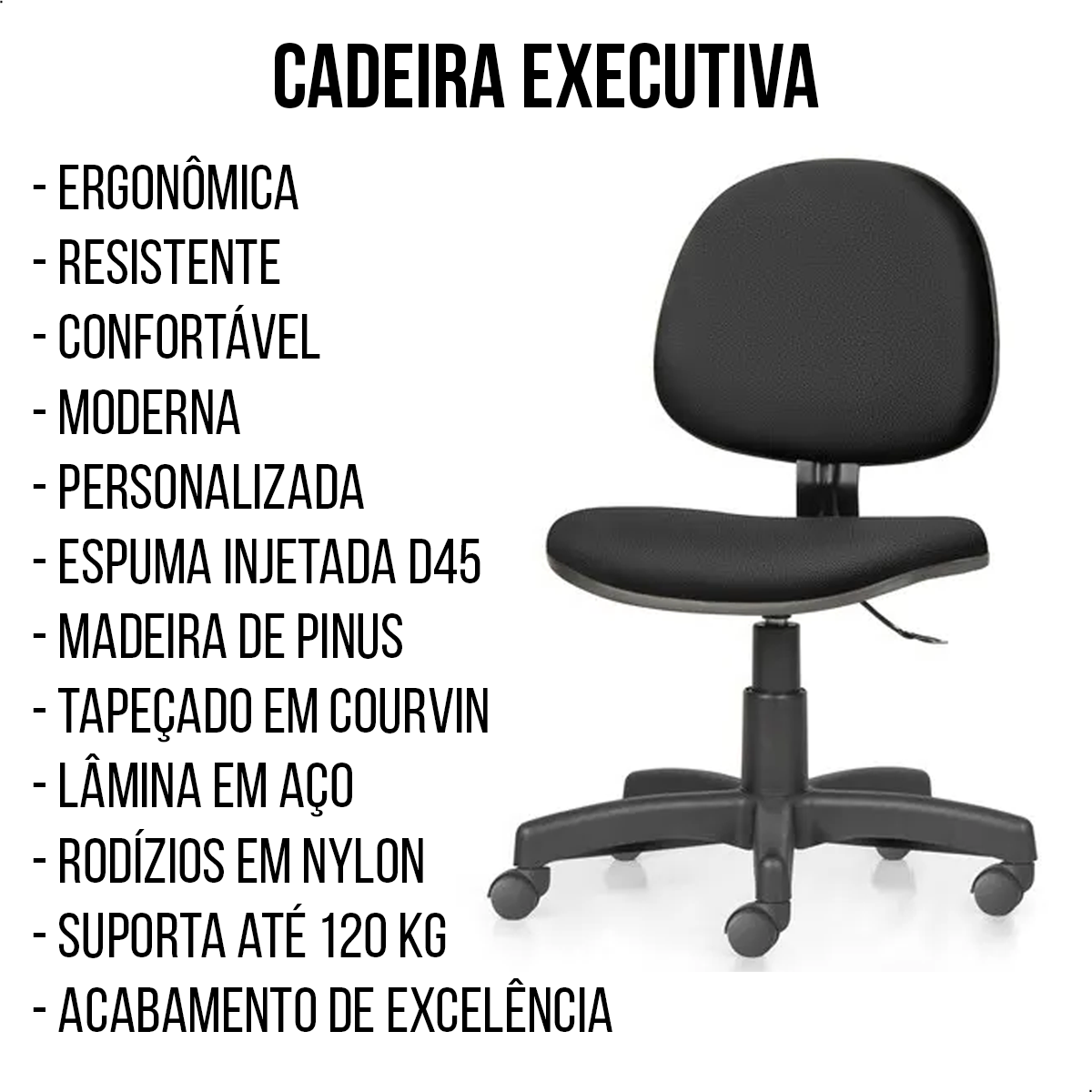 Cadeira de Escritório Ergonômica Executiva sem Braço Courvin Preto - 6