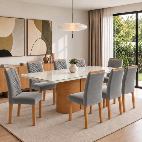 Conjunto Sala de Jantar 8 Lugares Retangular Tampo Vidro/MDF 200x90cm Mesa Diana e Cadeiras Carol