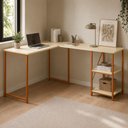 Ver imagem 1 de Mesa em L com Prateleira Office em MDF Estilo Insdustrial Klm Store