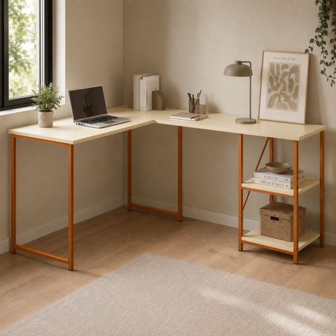 Mesa em L com Prateleira Office em MDF Estilo Insdustrial Klm Store