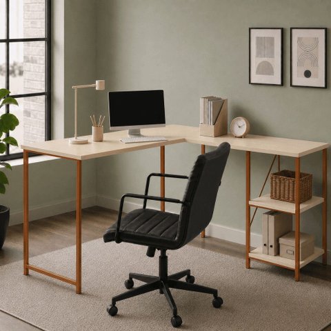 Mesa em L com Prateleira Office em MDF Estilo Insdustrial Klm Store