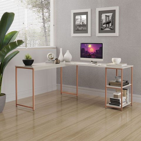 Mesa em L com Prateleira Office em Mdf Estilo Insdustrial Klm Store