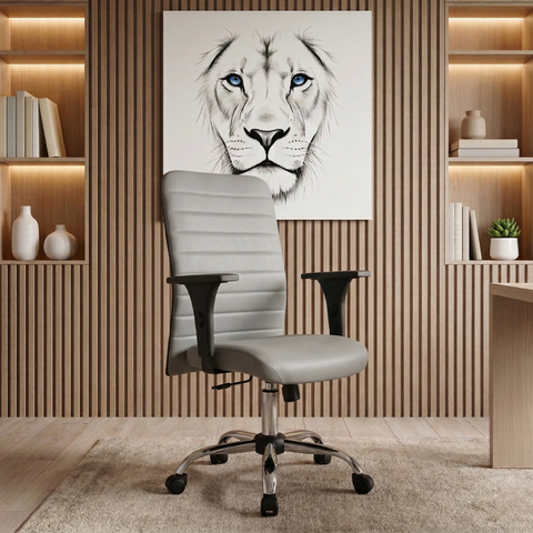 Cadeira Escritório Ergonômica Cinza Nr17 Apoio Lombar Giratória Couro (pu)