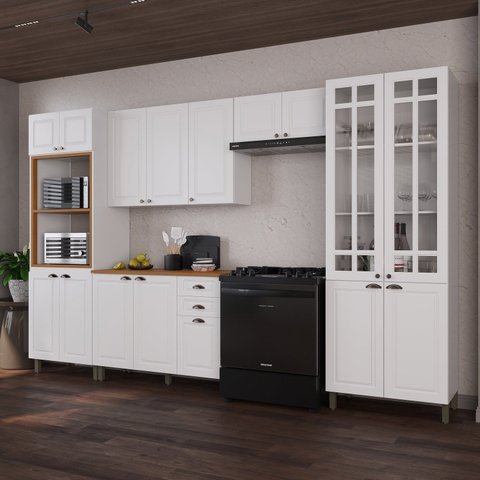 Cozinha Modulada 5 Peças Torre Quente Cristaleira com Vidro Balcão com Tampo e 2 Aéreos 100%MDF Bar
