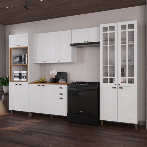 Cozinha Modulada 5 Peças Torre Quente Cristaleira com Vidro Balcão com Tampo e 2 Aéreos 100%MDF Bar