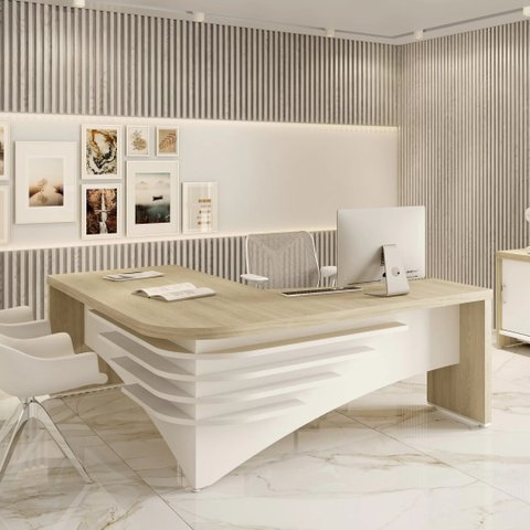 Escrivaninha Mesa Escritório Diretor em L Tamburato e Elegante 200cm Carvalho E Branco