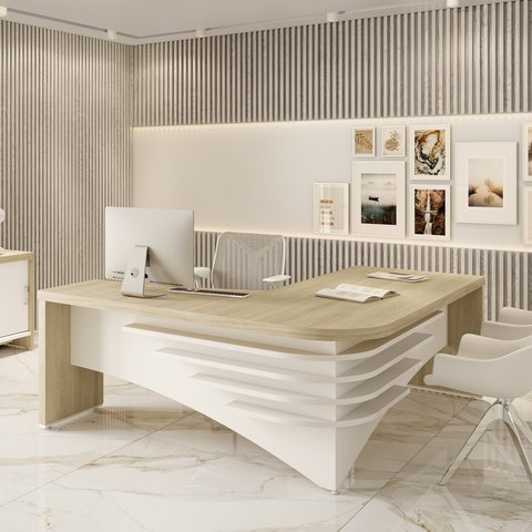 Escrivaninha Mesa Escritório em L Diretor em Tamburato 200cm Carvalho E Branco