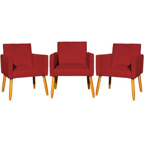 Kit 3 Poltronas para Recepção Nina Suede Cores Pé Palito 30cm Castanho - Suede
