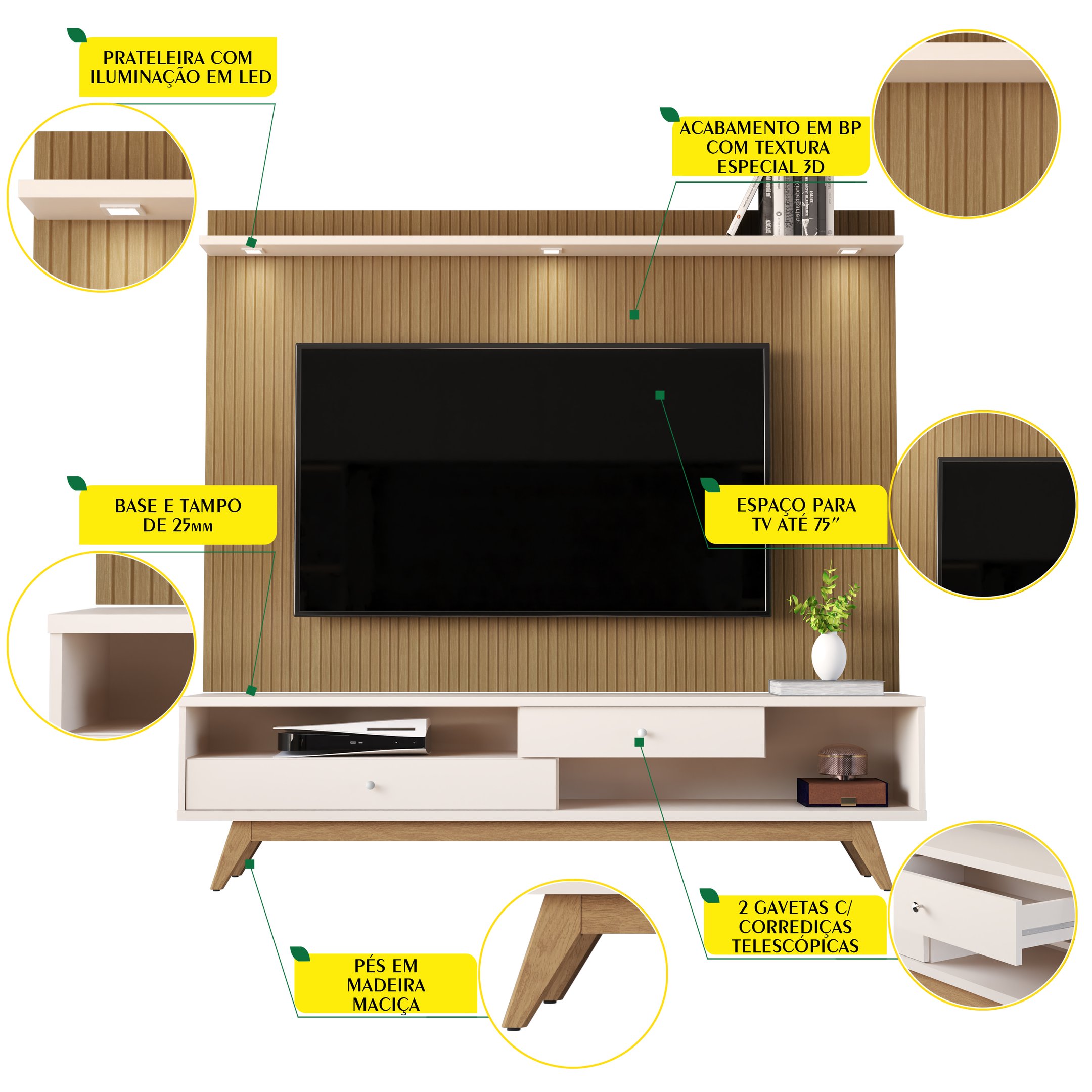 Estante Home Theater para TV até 75 Polegadas com Led Home 5232 - 5