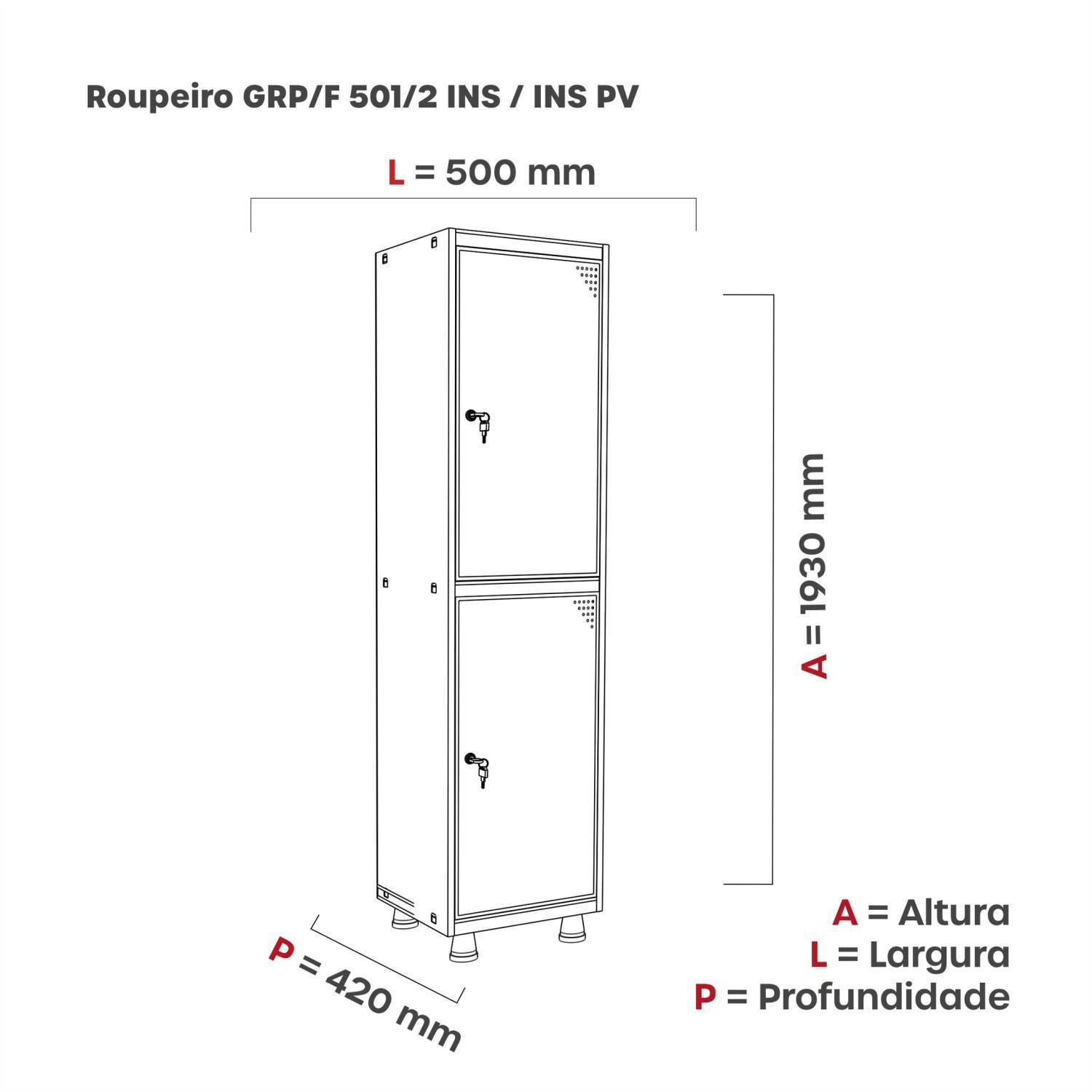 Armário Guarda Volume Locker Roupeiro 2 Portas Aço 50cmx193cm Pandin Móveis - 2