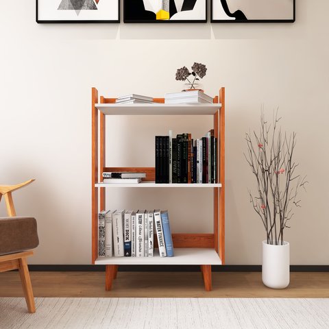 Estante para Livro com Pés de Madeira Maciça Decoração para Sala ou Quarto - Nature com Branco