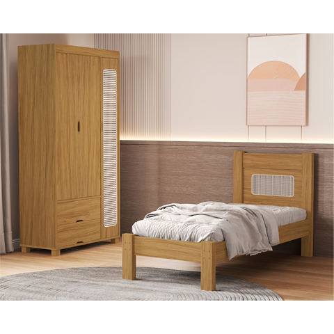 Kit Quarto Solteiro Clara Cama + Guarda Roupa 3 Portas 2 Gavetas Designl Moderno em Rattan de Mdf