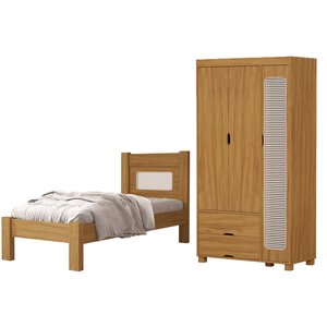 Kit Quarto Solteiro Clara Cama + Guarda Roupa 3 Portas 2 Gavetas Designl Moderno em Rattan de Mdf