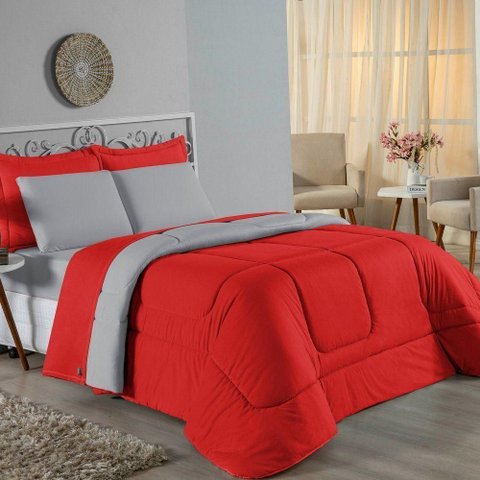 Kit Edredom Dupla Face + Jogo de Lençol Casal Viúva Nobre 7 Peças Malha 100% Algodão - Vermelho