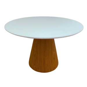 Mesa de Jantar Cone Redonda 110cm Base Freijó Tampo Laca Branca+vidro Modelar Art Moveis Mesa de Jan