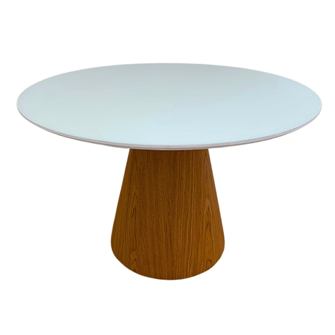 Mesa de Jantar Cone Redonda 110cm Base Freijó Tampo Laca Branca+vidro Modelar Art Moveis Mesa de Jan