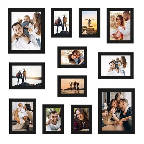 Kit 12 Molduras Quadros 6-10x15 + 4-13x18 + 2-20x25 com Vidro:Preto/Parede (Gancho Móvel)
