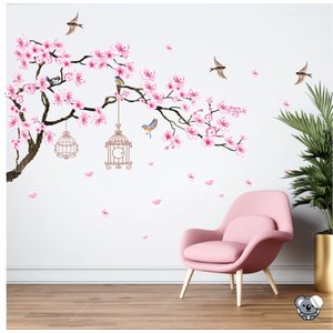 Adesivo de Parede Galho de Cerejeira Blossom e Gaiolas