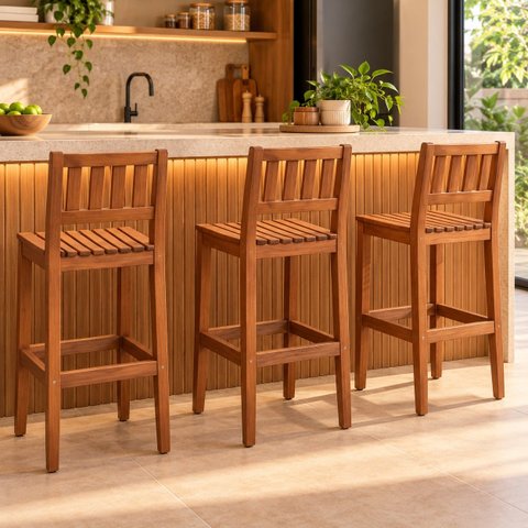 Kit 3 Banquetas 100% Madeira para Balcão de Cozinha e Espaço Gourmet
