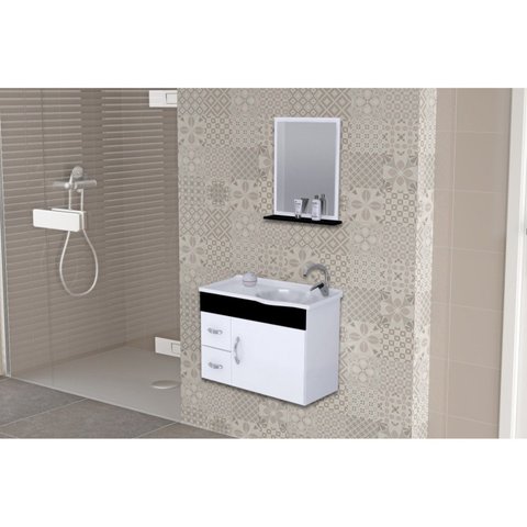Conjunto Gabinete de Banheiro Suspenso 55cm 2 Gavetas e 1 Porta Cuba e Espelheira Siena Branco/Preto