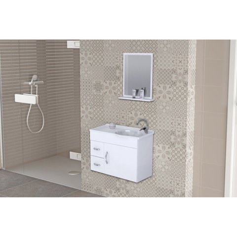 Conjunto Gabinete de Banheiro Suspenso 55cm 2 Gavetas e 1 Porta com Cuba e Espelheira Siena Aj Rorat Branco