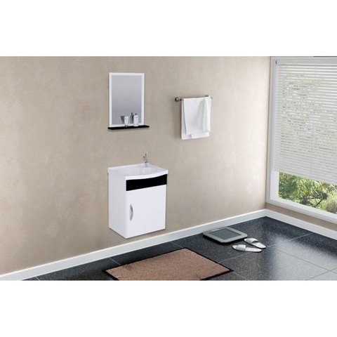 Conjunto Gabinete de Banheiro Suspenso 39cm 1 Porta com Cuba e Espelheira Siena Branco/Preto