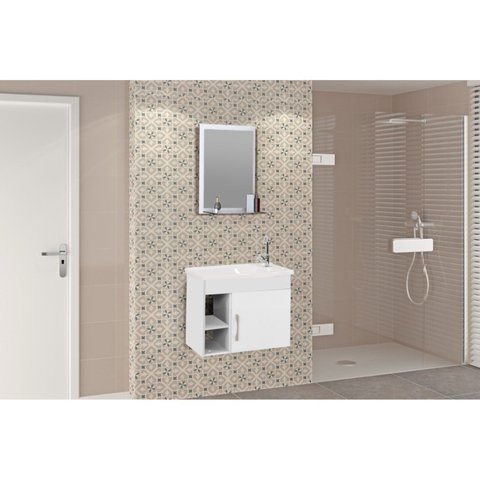 Conjunto Gabinete de Banheiro Suspenso 55cm 1 Porta com Cuba e Espelheira Turin Branco