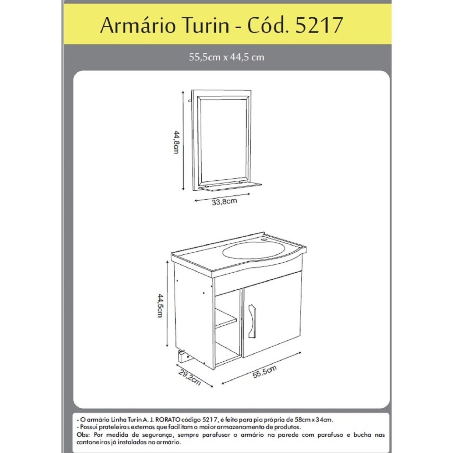 Conjunto Gabinete de Banheiro Suspenso 55cm 1 Porta com Cuba e Espelheira Turin - 3