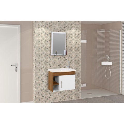 Conjunto Gabinete de Banheiro Suspenso 55cm 1 Porta com Cuba e Espelheira Turin Branco/Nogal