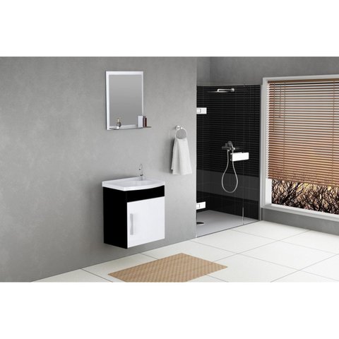Conjunto Gabinete de Banheiro Suspenso 39cm 1 Porta com Cuba e Espelheira Turin Branco/Preto
