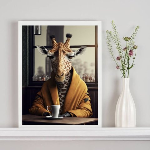 Quadro Decorativo Girafa Tomando Café 33x24cm:madeira Branca