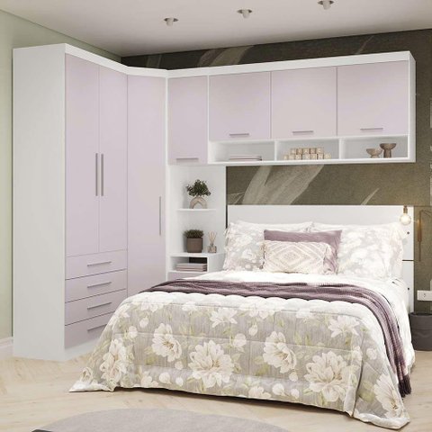 Quarto de Canto Alpes Luci 7 Portas 5 Gavetas MDP 165cm Branco com Guarda Roupa Mesa de Cabeceira