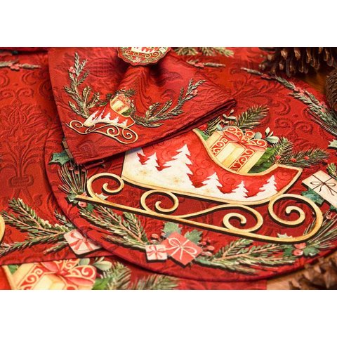 Kit Sousplat + Guardanapo Natal Trenó Nsw 8 Peças com Base
