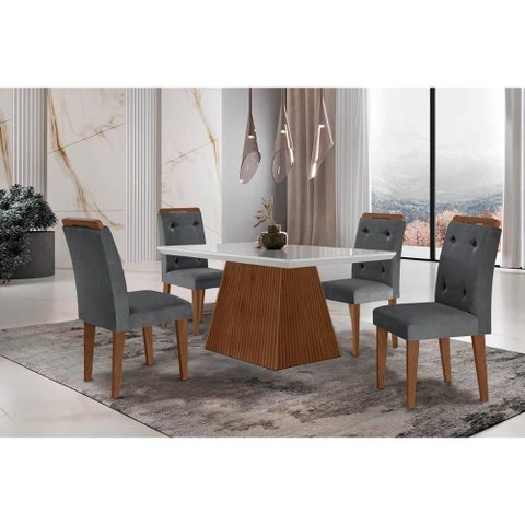 Conjunto: Mesa de Cozinha Luna C/ Tampo Madeirado C/ Vidro Canto Curvo 120x80cm e 4 Cadeiras