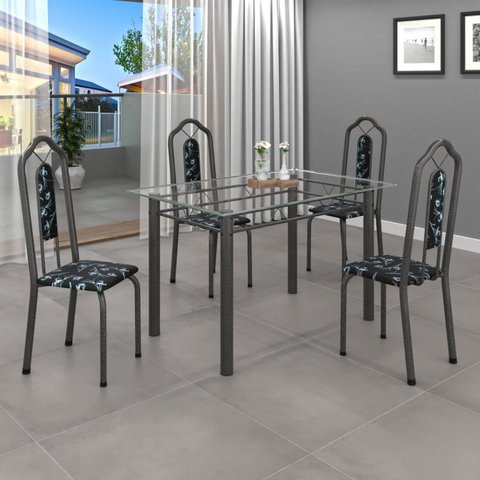 Conjunto de Mesa 120x75cm Tampo Vidro com 4 Cadeiras Bianca Cinza/Preto Floral/Mart Prata/Incolor