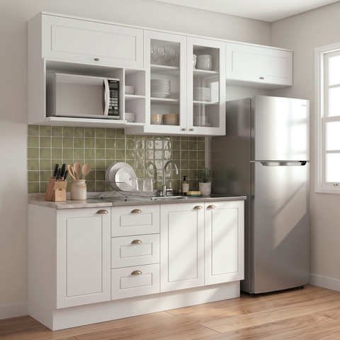Cozinha Compacta Modulada 100% MDF 6 Peças com Nichos e Balcão sem Tampo Branca/Calcare Emily