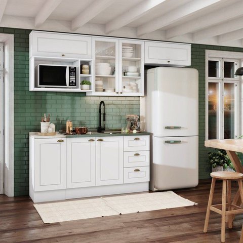 Cozinha Compacta Modulada 100% MDF 6 Peças com Nichos e Balcão sem Tampo Branca/Calcare Emily