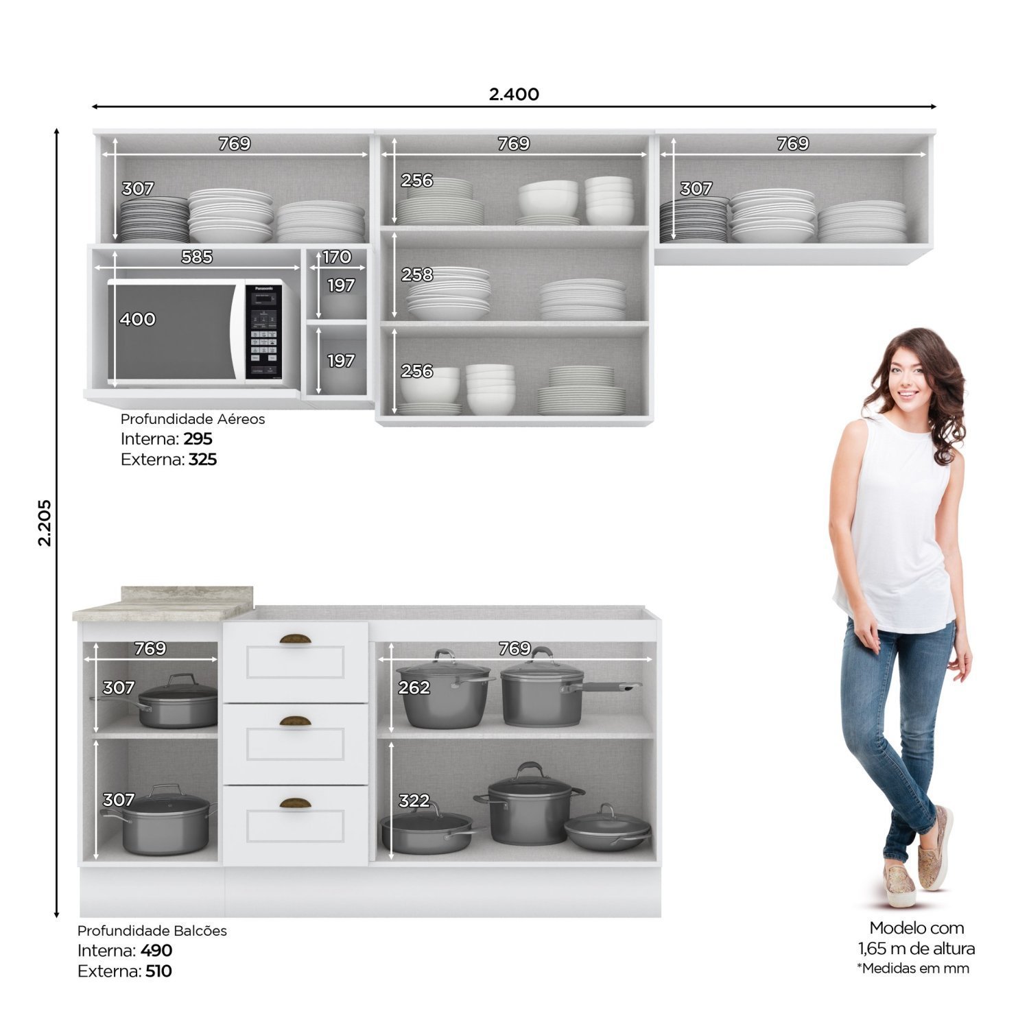 Cozinha Compacta 6 Peças com Aéreo para Micro-Ondas Emily Espresso Móveis - 3