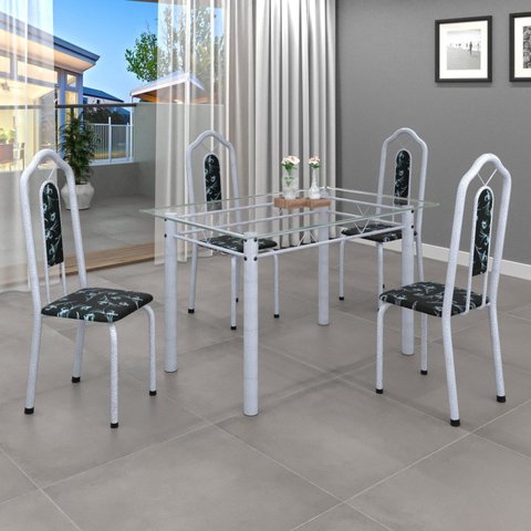 Conjunto de Mesa 120x75cm Tampo Vidro com 4 Cadeiras Bianca Branco/Preto Floral/Mart Pérola/Incolor